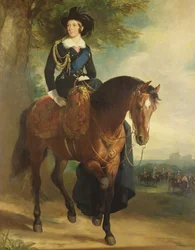Kuningatar Viktorian muotokuva ratsain, taustalla Windsorin linna, Wellingtonin herttua ja Household Brigade