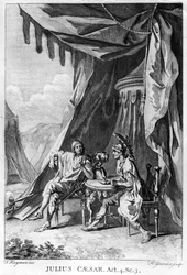 Brutus ja Cassius Brutuksen teltassa, IV näytös, kohtaus iii William Shakespearen (1564-1616) Julius Caesarista, kaiverrus Hubert Gravelot (1699-1773) (kaiverrus) (bw-kuva)