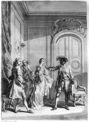 Kohtaus William Shakespearen (1564-1616) Othellosta, kaivertanut Hubert Gravelot (1699-1773)
