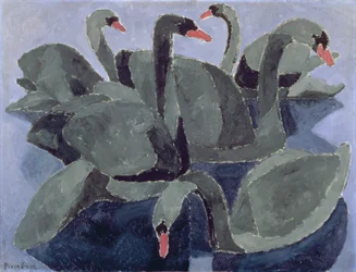 Mustia joutsenia sinisellä taustalla, n. 1909