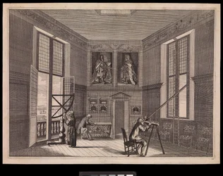 Kolme hahmoa käyttämässä tähtitieteellisiä laitteita Kuninkaallisen observatorion suuressa tähtihuoneessa tai Octagon-huoneessa, kuten se nykyään tunnetaan, noin 1676 (kaiverrus).