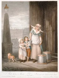 Maito Maidsin alla, The Cries of Londonin levy 2, kaiverrus Luigi Schiavonetti (1765-1810), pub. Colnaghi und Co., 1793 (pistekaiverrus)