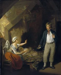 Merimiehen paluu, mökin sisätilat: makuuhuone, jossa vaimo ja äiti makaavat sängyssä, ainoat huonekalut huoneessa, paljaat tiiliseinät.