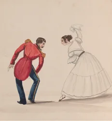 Perulainen mies ja nainen tanssivat Zamacuecaa piirustusryhmästä, joka kuvaa..., n. 1848.