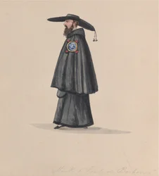 Munkki Barbones-suunnasta, piirustusryhmästä, joka kuvaa perulaista pukua, 1848.