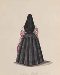 Sayaa pukeutunut nainen takaa katsottuna piirustusryhmästä, joka kuvaa..., n. 1848.