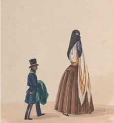 Tyylikkäästi pukeutunut nainen ja hänen sivunsa, ryhmästä Perulaista..., n. 1848.