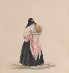 Tyylikkäästi pukeutunut nainen, piirustusryhmästä, joka kuvaa perulaista pukua, n. 1848.