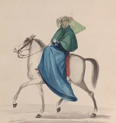 Tyylikkäästi pukeutunut nainen hevosen selässä, ryhmästä piirustuksia, jotka kuvaavat Perulaista..., n. 1848.