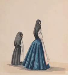 Kaksi naista, joilla on saya profiilista katsottuna, piirrosryhmästä, joka kuvaa..., n. 1848.