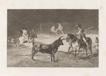 El c?lebre Fernando del Toro, barilarguero, pakottaa pedon tangollaan (juhlittu Picador, Fernando del Toro, vetää kiihkeän pedon Piquellä), levy 27 La tauromaquiasta