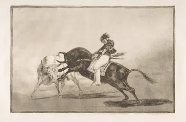 Tauromaquian laatta 24: Sama Ceballos kiinnitettynä toiseen härään murtaa lyhyen kielen..., 1816.