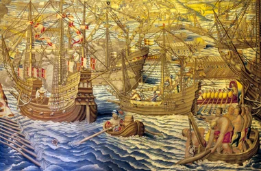 Laivat ja haarukka - Yksityiskohta Tunisian valloituksesta (Tunisia) - Franciscon ja Cornelius Van der Ggotin kuvakudos (1700-luku), kudottu kuninkaalliseen kuvakudostehtaaseen, 1700-luvun puoliväli, Willem de Pannemakerin 1500-luvun kuvakudoksen jälkeen -