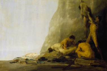 Kannibaalit valmistelevat uhrejaan eli Irokeesit nylkevät Jean de Brebeufin ja Gabriel Lallemantin ruumiit vuonna 1649, noin 1800-08 (öljy paneelille).