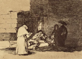 GOYA Y LUCIENTES, Francisco de (1746-1828). Naisen hyväntekeväisyys. 1810-1820. (15,5 x 20,6 cm). Levy 49 "The Disasters of War". Etsaus. ESPANJA. MADRID (AUTONOMOUS YHTEISÖ). Madrid. Kansalliskirjasto