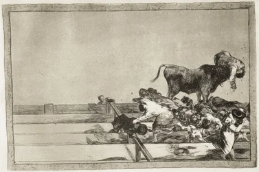 Kauheita tapahtumia Madridin areenan eturiveissä ja Torrejónin pormestarin kuolema vuonna 1801. 1816. Laatta 21 sarjasta "Härkätaistelun taito". Espanja. Madrid (itsehallintoalue). Madrid. Kansalliskirjasto