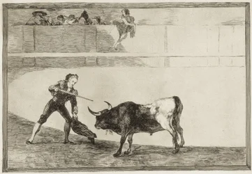 Pedro Romero tappaa pysäytetyn härän. 1816. (25,1 x 35,9 cm). Pedro Romero (1754-1839). Espanjalainen härkätaistelija. Laatta 30 sarjasta "Härkätaistelun taito". Espanja. Madrid (itsehallintoalue). Madrid. Kansalliskirjasto