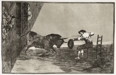 Martínchon (todennäköisesti Antonio Ebassum) uhkarohkeus Zaragozan areenalla. 1816. (24,9 x 35,7 cm). Laatta 18 sarjasta "Härkätaistelun taito". Espanja. Madrid (itsehallintoalue). Madrid. Kansalliskirjasto