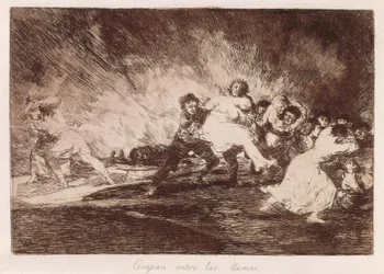 He pakenevat liekkien läpi. 1810-1812. (16,1 x 23,3 cm). Laatta 47 sarjasta "Sodan kauhut". Espanja. Madrid (itsehallintoalue). Madrid. Kansalliskirjasto