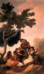 ""Kortinpelaajat"" Francisco de Goya y Lucientesin (1746-1828) maalaus kuninkaallisessa kuvakudosmanufaktuurissa El Pardon palatsin ruokasaliin vuonna 1778 tehdylle kuvakudokselle. Prado-museo. Madrid