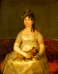 Dona Francisca Vicenta Chollet y Caballeron muotokuva, istuva, kolme neljäsosaa, sylikoira, 1806