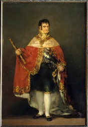 Kuningas Ferdinand VII:n (1784-1833) muotokuva kuninkaallispuvussa. Noin 1815. Madrid. Musee du Prado - Kuningas Ferdinand VII:n (1784-1833) muotokuva kuninkaallisen vaipan kanssa. Francisco de Goyan ja Lucientsin maalaus