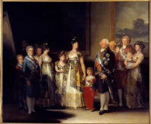 Espanjan kuninkaan Kaarle IV:n (1748-1819) ja hänen perheensä muotokuva Keskellä kuningatar Marie Louise de Bourbon-Parma (1751-1819). Francisco de Goya y Lucientes (1746-1828)