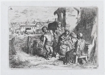 Levy 16: ryhmä ihmisiä ulkona, mukaan lukien mies, joka kaataa viiniä tai vettä astiasta ..., 1850.