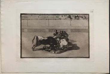 Härkätaistelut: Picador on hevoston ja putoaa härän alle, 1876.