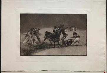 Härkätaistelut: maurit käyttävät aaseja esteenä puolustautuakseen härkää vastaan..., 1876.