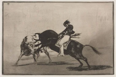 Härkätaistelut: Sama Ceballos asennettuna toiseen härkään rikkoo lyhyitä keihää kehässä, 1876.