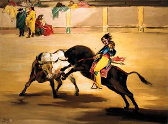 Mariano Ceballos nimeltä "intiaani" härän selässä rikkoo haukensa Madridin areenoilla, n. 1810 (maalaus)