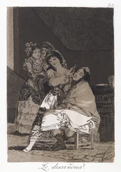 She Fleeces Him (Le descanona), levy 35, Los Caprichos, n. 1797-1798 (etsaus ja akvatinta paperilla)