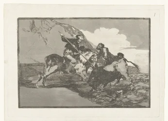 Stierenjacht et paard Manera can que els antics Espanyols caçaven els toros á cavall al camp Stierenvechten (sèries title) La Tauromàquia (sèries title)finnish