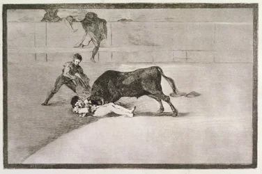 Pepe Hillon (José Delgado) onneton kuolema Madridin härkätaisteluareenalla 11. toukokuuta 1801, taulu 33 teoksesta "Härkätaistelun taito", julkaistu 1816