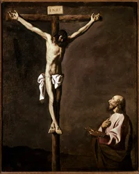 Ristiinnaulitseminen ja taiteilijan omakuva pyhän Luukkaan roolissa ristin juurella, 1635-1640. Mitat: 105 x 84 cm. Madrid, Prado-museo
