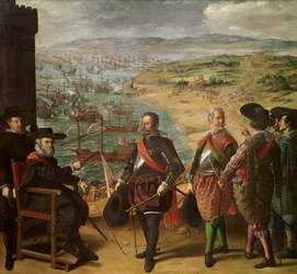 Cadizin (Cadiz, Espanja) puolustus englantilaisia ​​vastaan. Englantilaiset joukot valloittivat Cadizin tornin 1. marraskuuta 1625 tarkoituksenaan siepata Amerikasta tuleva kulta ja hopea. Istuva hahmo on Fernando Giron, vi:n kuvernööri