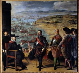 Cadizin (Cadiz, Espanja) puolustus englantilaisia vastaan. Englantilaiset joukot valloittivat Cadizin tornin 1. marraskuuta 1625 siepatakseen kultaa ja hopeaa Amerikasta. Istuva hahmo on Fernando Giron, kaupungin kuvernööri, ansoja tornissa di