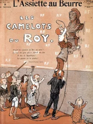 Lapset detronisoivat Mariannen rintakuvan laulamalla ironisen laulun rojalistien taistelujoukon puolesta. Francisque Poulbotin (1879-1946) kuvitus "lautasella voilla", 27/03/1909.