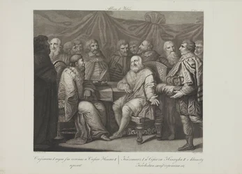 Smuglewicz, Franciszek (1745-1807) Casimir I, Restaurator tapaamassa keisari Henrik III:n. Litografia, 1700-luvun loppu. Yksityinen kokoelma