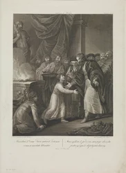 Puolan Mieszko I vastaanottaa Smuglewiczin, Franciszekin (1745-1807) tonsuurin. Litografia, 1700-luvun loppu. Yksityinen kokoelma
