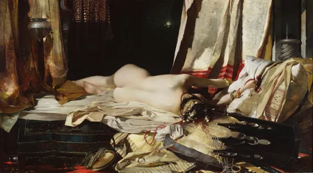 "At the Order of the Padishah" (At the Order of the Padishah) Nuori nainen haaremissa Persian hallitsijalle alistuva (orientalismi) Franciszek Zmurkon (1859-1910) maalaus