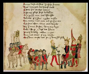 Ms Est 27 L 8.17 f.4r Attila Hun (n. 406-453) keskustelussa yhden soturinsa kanssa Nicola da Casolan elokuvasta Attilan sota