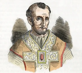 Keskiaika: esitys paavi Nikolai I Suuresta (Nicola I, Nicholas tai Nicolo tai Niccolo tai Nicolaus) (858-867) piirros Franco Mistralin teoksesta "I misteri del vaticano" 1843
