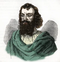 Keisari Justinianus I:n (482-565) muotokuva (Justinianus I) piirros Franco Mistralin teoksesta "I misteri del vaticano" 1843