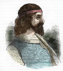 Odoakerin (Odovacar) muotokuva, hunnien liittolaisten herulien johtaja ja Attilan ministeri (435-493) (Odoacer tai Flavius Odovacer), piirros Franco Mistralin kirjasta 