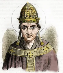 Paavi Sylvestre I:n muotokuva (Silvestre tai Sylvester tai Silvestro) (314-335) - Piirros Franco Mistralin "Misteri del Vaticanosta"