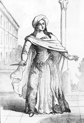 Nuoren roomalaisen Beatrice Cencin (1577-1599) muotokuva. Häntä syytettiin isänsä Francesco Cencin murhasta vuonna 1598 (Nuoren roomalaisen aatelisnaisen Beatrice Cencin muotokuva. Hän murhasi isänsä, kreivi Francesco Cencin, vuonna 1598). Kaiverrus