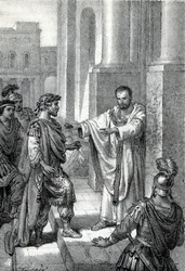 Milanon arkkipiispa Saint Ambrosius (Aurelius Ambrosius, Ambrogio di Milano (340-397) kielsi Rooman keisari Theodosius I:ltä (Flavius Theodosius) (347-395) pääsyn kirkkoon rangaistakseen häntä Thessalonikan verilöylystä vuonna 390 - Excommunicati