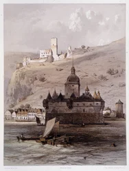 Chateau a Pfalz, Saksa. "" Monumentaalinen ja viehättävä Rein"". Fourmaisin ja Stroobantin litografioita